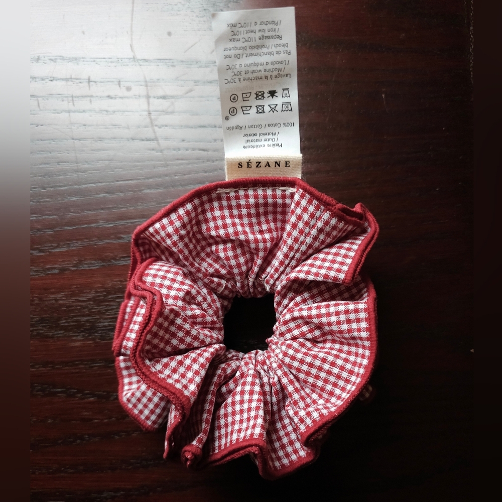 Sezane Gingham Red White Checkered Hair Maxi Scrunchie Tie